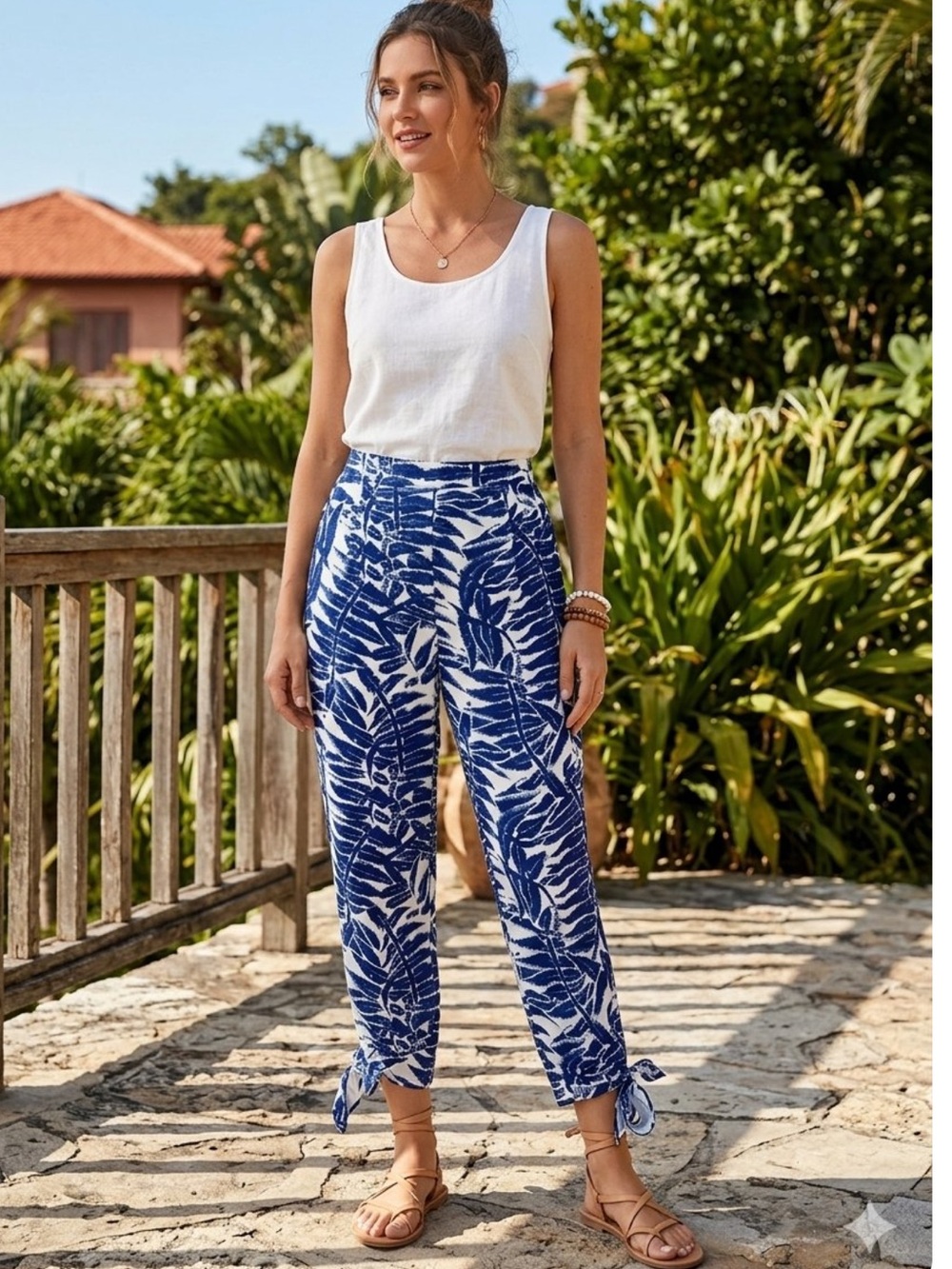 SHEIN Blue & White Floral Print Tropical Tie Bottom Summer Pants Women’s Medium